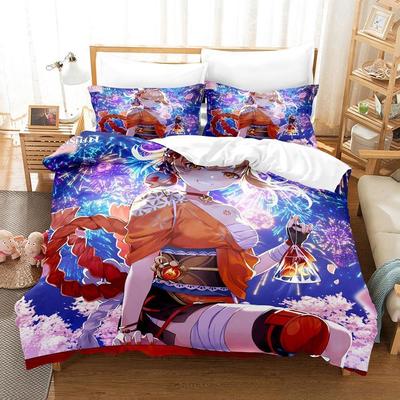 Neues Anime Genshin Impact Yoimiya Bettwäsche Set King Bettbezug Kissenbezug Steppdeckenbezug Bettwäsche Bettwäsche Heimtextilien