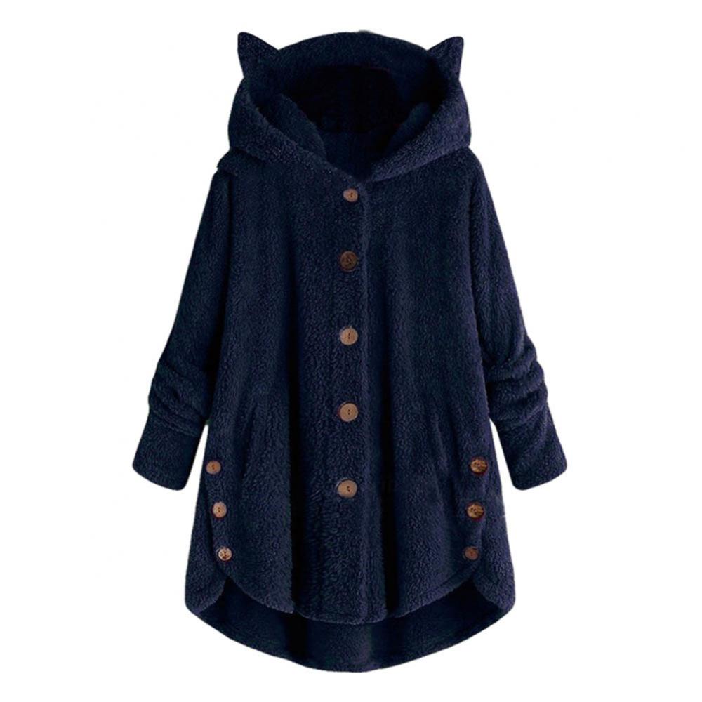 Fleece Women Winter Coat Cute Cats Ears Hooded Spring Fluffy Jacket Irregular Hem Buttons Jacket Oversize Soft Kawaii Plush Coat