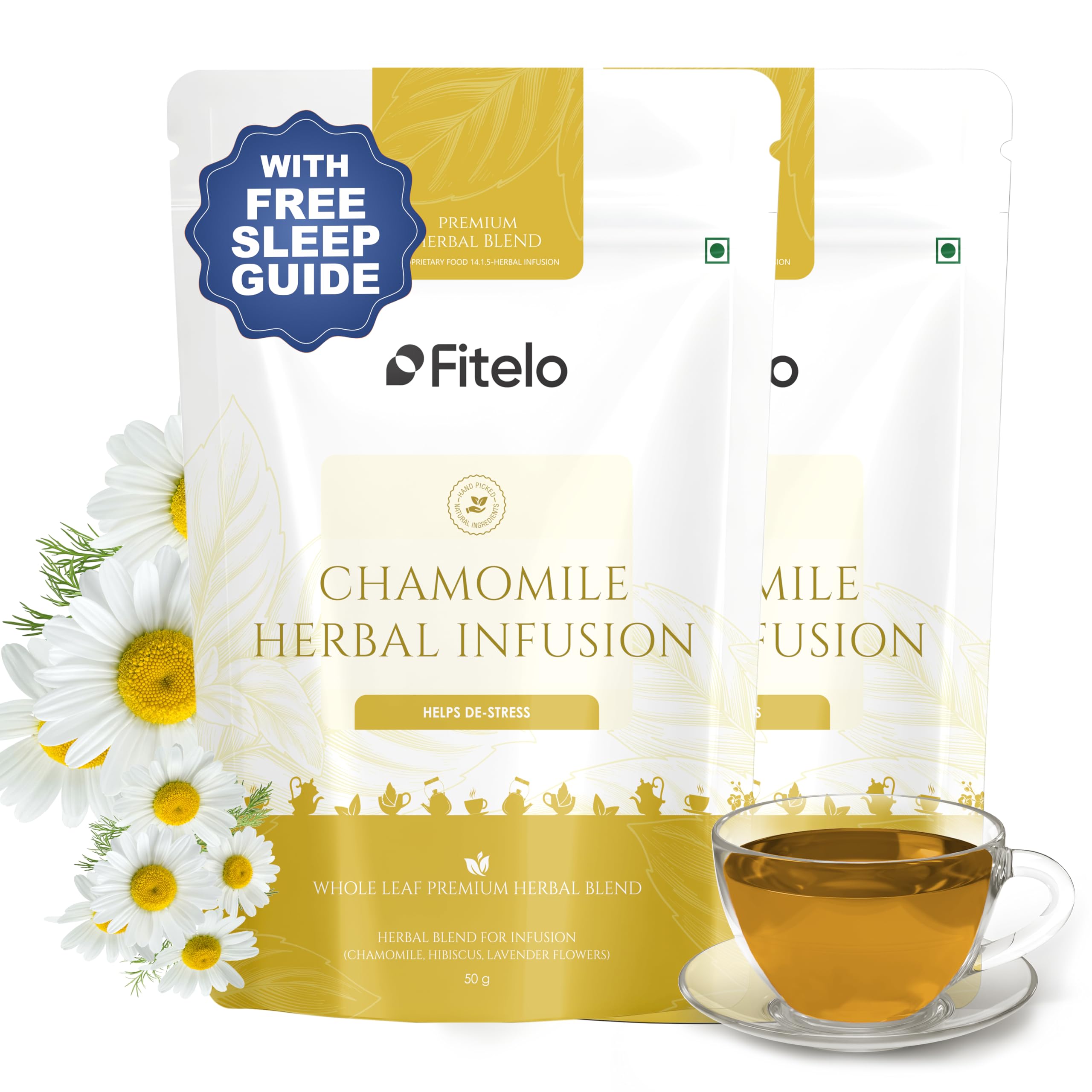 Fitelo Chamomile Deep Sleep Tea (PACK OF 2) | Helps in Relaxing Body & Mind | Premium Chamomile, Hibiscus & Lavender Blend | Natural Cafeine