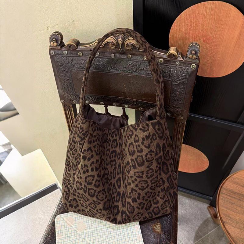 Women's Fashion Shoulder Bag Suede Leopard Pattern Large Capacity Magnetic Clasp Handbags Lightweight Shopper Totes