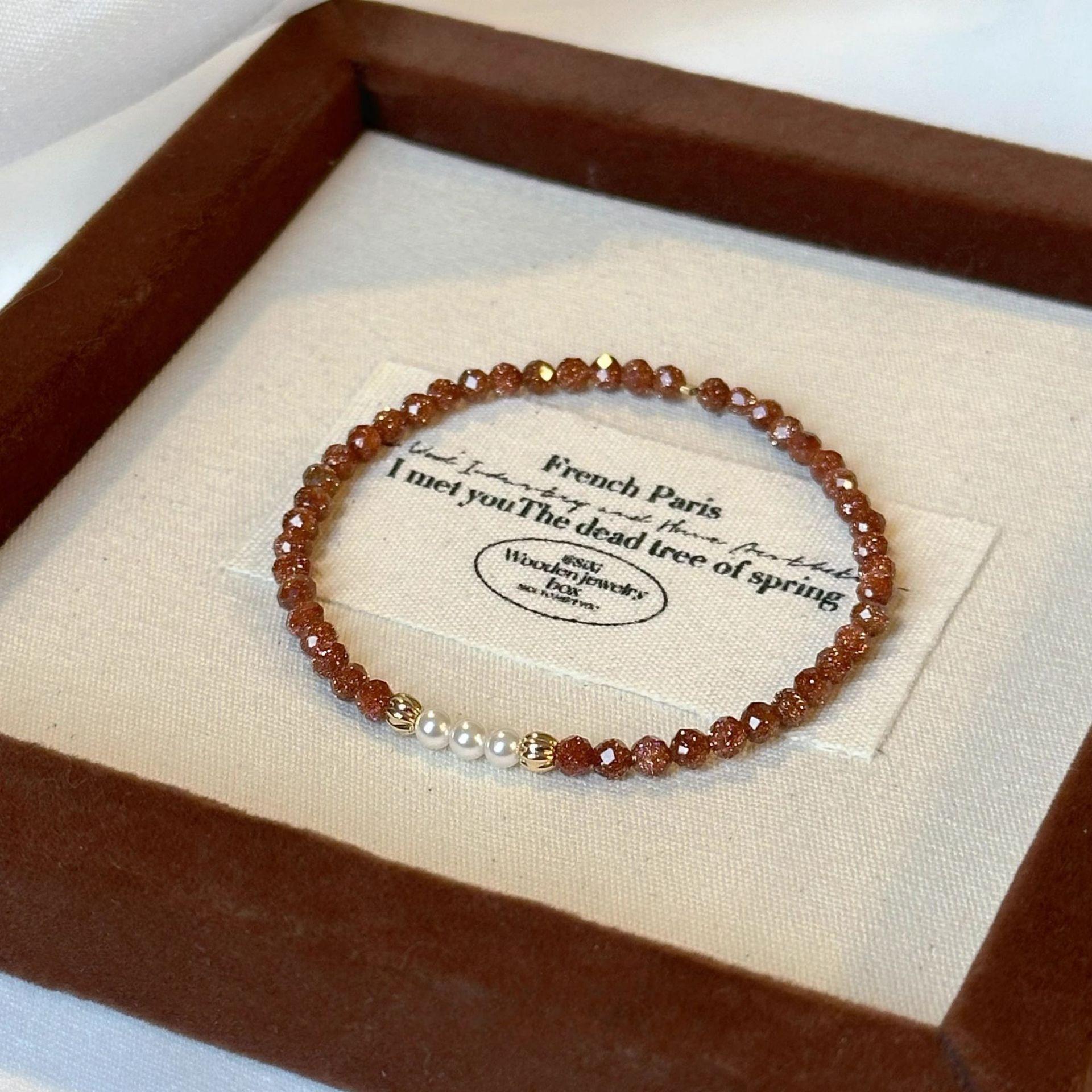 Women 3mm Natural Stone Simulated Pearl Beaded Bracelet 14K Real Gold Plated Copper Jewelry
