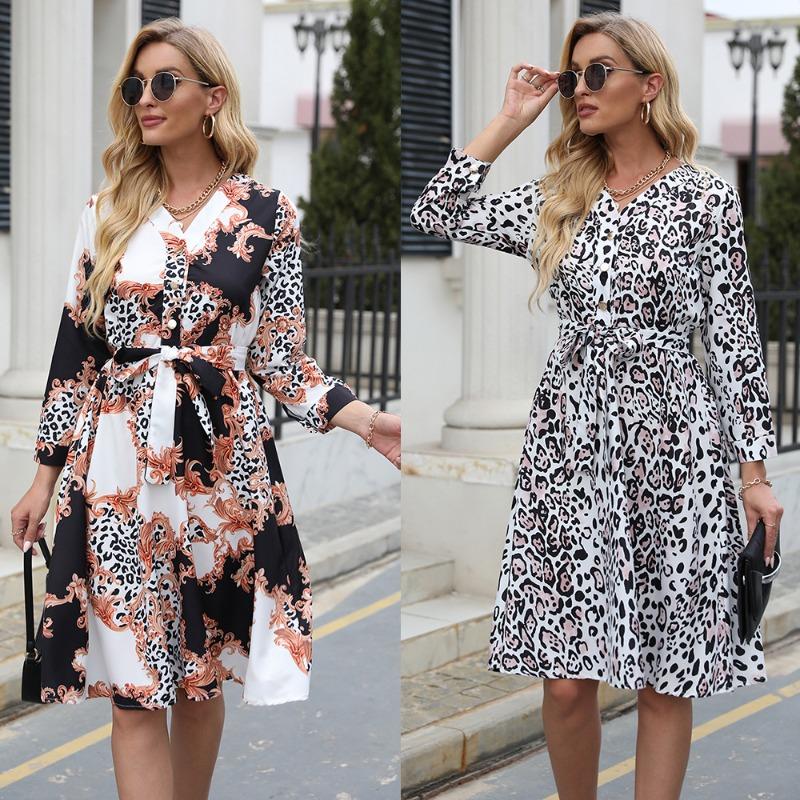 Autumn/winter Women's Printed Waist Waist Sexy Mid-skirt Dress