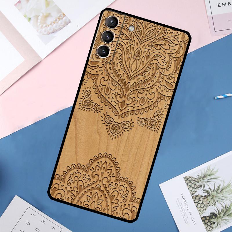 Mandala Floral Wood Case For Samsung Galaxy S25 Ultra S24 S23 S22 S21 Ultra S9 S10 Plus S23 FE S25 FE Back Cover