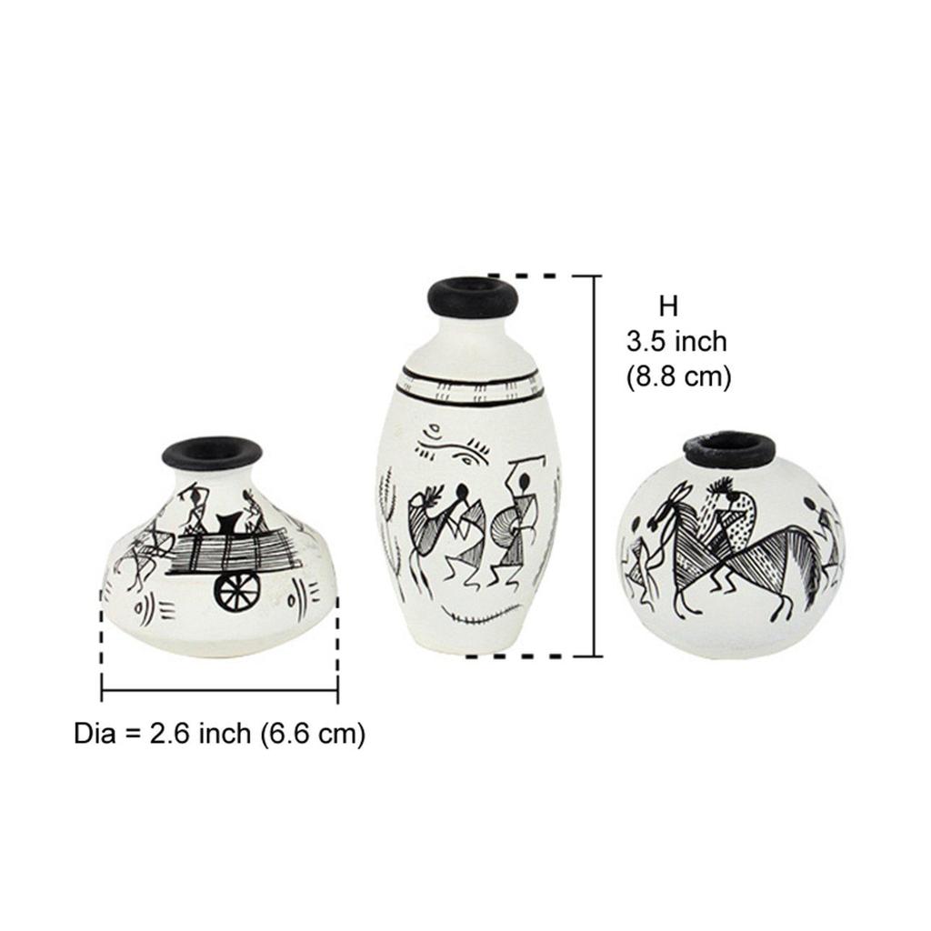'Warli Handpainted' Terracotta Pots Vases for Home Decoration (Set of 3, White) Terracotta Décor Miniature Pots Showpiece
