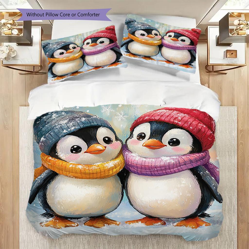 Penguin Pattern Bedding Quilt Set Quilt Cover Pillowcase Home Decoration Birthday Gift (1 * duvet cover + 2 * pillowcase, without core)