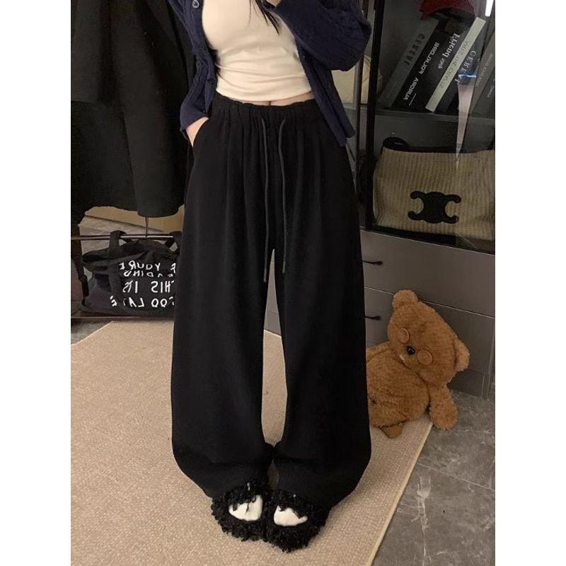 Pink Velvet Pants Warm Casual Pants Loose Pants Women's Clothing Fall High Waist Thick Straight-Leg Pants Mop Pants Pants