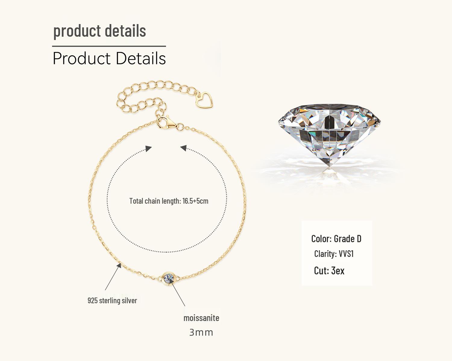 

Elegant Moissanite Bracelet for Women: Fashionable High-End 925 Sterling Silver Design 0.1 Carat
