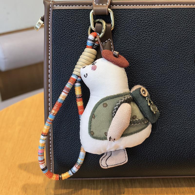 Handmade Fabric Duck Keyring, Beret-Wearing Duck Pendant with Mini Backpack,Artist Duck Keychain, Cute Plush Charm