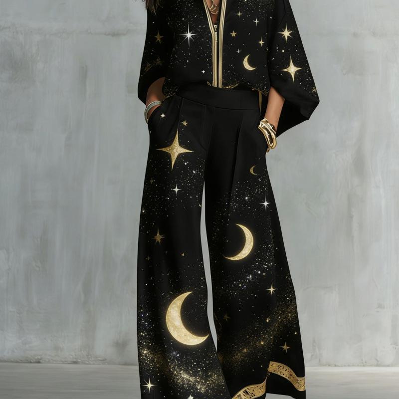 1116 New European and American Style Fashion Luxury Black Gold Baroque Print Nine-quarter Sleeve Wide-leg Pants Set Women's Two-piece Set