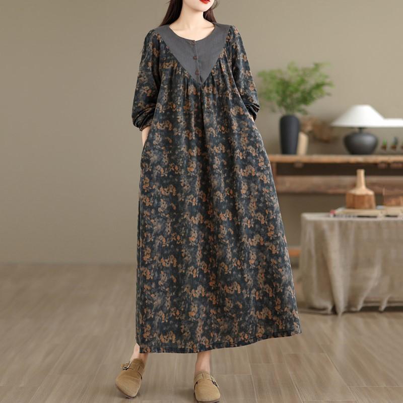 Sukienka bawełniana plus size z długim rękawem w stylu vintage w kwiaty nowość sukienki dla kobiet codzienna luźna wiosenna jesienna sukienka
