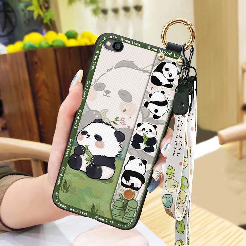 Durable Panda Phone Case For Xiaomi Redmi GO Anti-dust Cute Anti-knock Protective Lanyard Wristband Cartoon Phone Holder