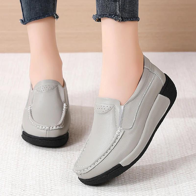 Thick Bottom Wedges Flatform Shoes Ladies Soft Non-Slip Walking Shoes Spring Fashion Genuine Leather Casual Shoes Women Autumn