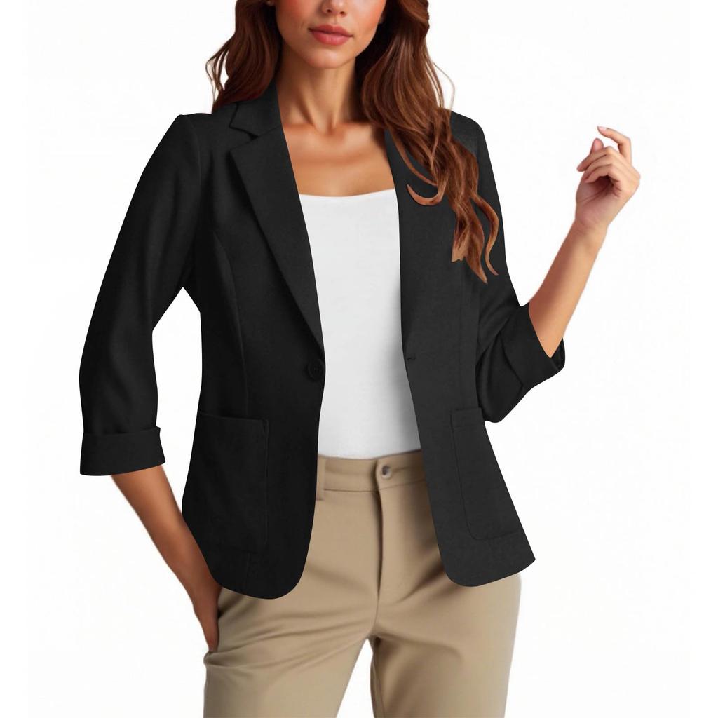 Womens Casual 3/4 Sleeve Blazers Open Front Solid Color Lapel Collar Work  Business Suit Jackets