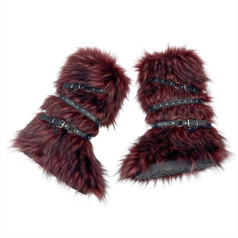 Y2K Spice Girls Sexy Tall Snow Boots New Cross Belt Buckle Fur Fluffy Boots