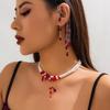 Vintage Goth Imitation-Pearl Tassel Pendant Choker Necklace Clip Earring for Women Wedding Red Beads Chain Halloween Jewelry Set