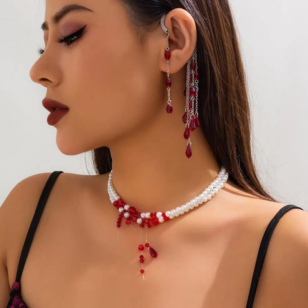 Vintage Goth Imitation-Pearl Tassel Pendant Choker Necklace Clip Earring for Women Wedding Red Beads Chain Halloween Jewelry Set