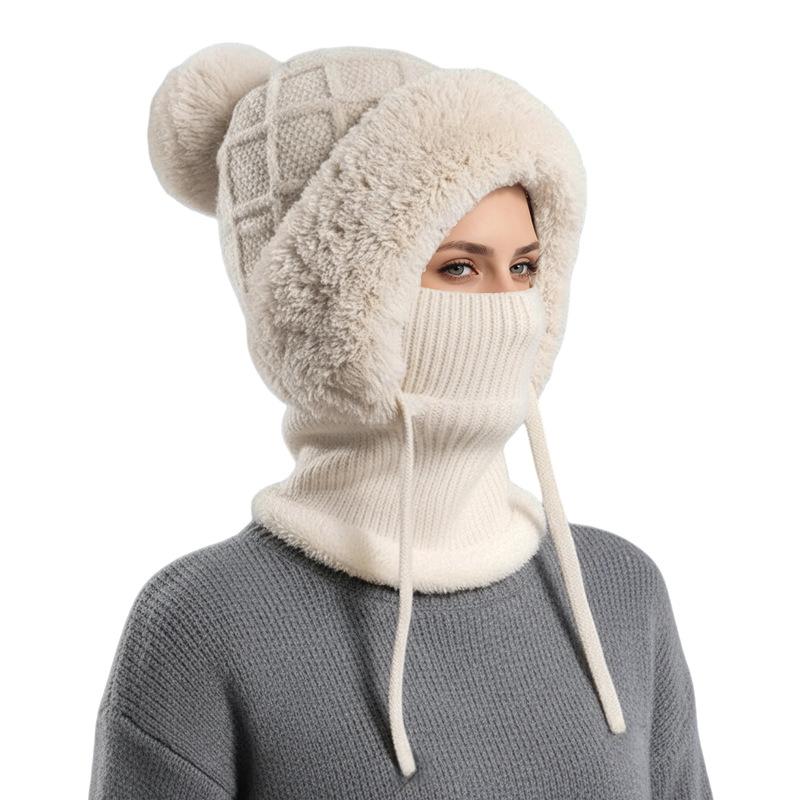 Plush ear protectors knitted hat scarf mask integrated ski warm hat women's winter wool one-piece hat