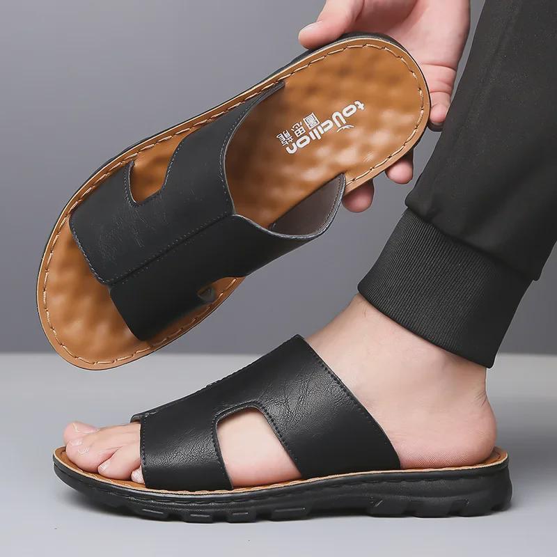 Men's Genuine Leather Summer Slippers: Handmade, Non-Slip Flip Flops with Soft Full Cowhide and Cushioning Sole.