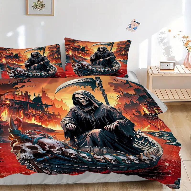 3pcs Death's Serene Journey Printed Quilt Set - Includes 1 Quilt Cover and 2 Pillowcases, Machine Washable - Suitable for All Seasons.J020