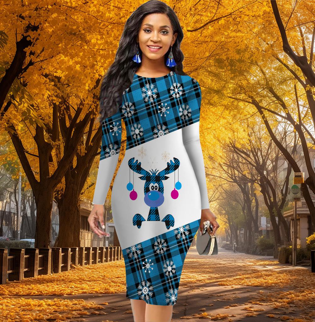 Long Sleeve Waist Tight Office Slim Fit Cartoon Animals Printing Elegant Bodycon Dress