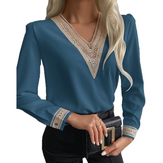 2021 Autumn Lace Trim V-Neck Long Sleeve Women's Shirt