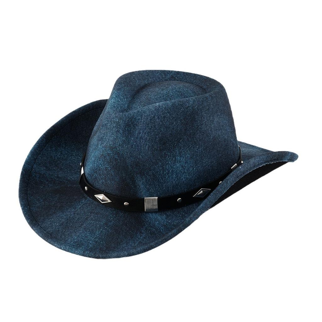 Western cowboy hat, black felt top hat, metal three-dimensional rhombus square rivet leather belt, suitable for outdoor travel