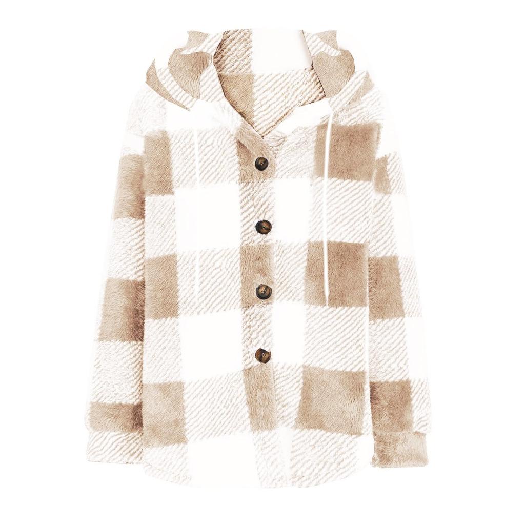 Dámská kostkovaná plyšová bunda s kapucí a knoflíkem