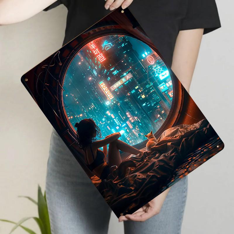 

Cyberpunk City Rainy Night Girl and Cat Metal Iron Painting Home Decor Living Room Bedroom Wall Art 20x30cm（7.8x11.8inch）