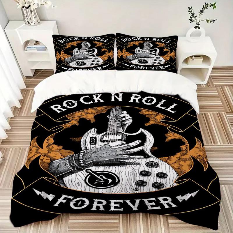 3pcs Rock N Roll Guitar Duvet Cover Set - Machine Washable, Includes 1 Duvet Cover and 2 Pillowcases, No Core Included Yy251022177
