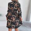 Women's Casual Elegant Flower Print Long Sleeve Tie Waist Long Sleeve Pleated Skirt Dress