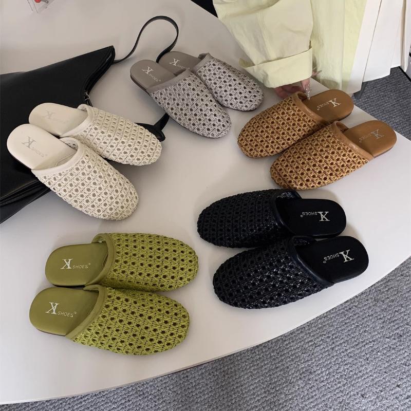 Fashion 2025 New Women Flat Sandals Mesh Knit Hollow Braided Summer Breathable Non Slip Slip-On Dressy Casual Vacation Slides Slippers