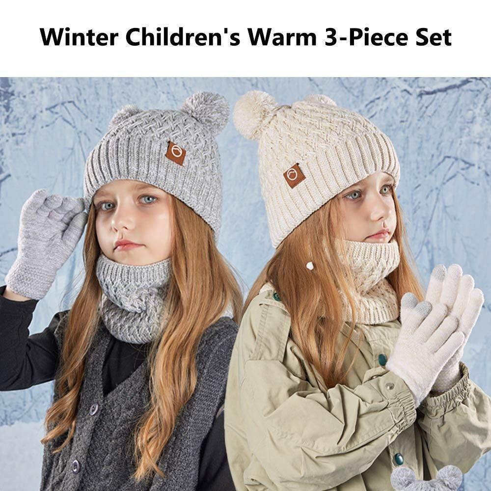 Thickened Beanie Hat with Pom Warm Touchscreen Gloves Casual Kids Hat Gloves Scarf Set