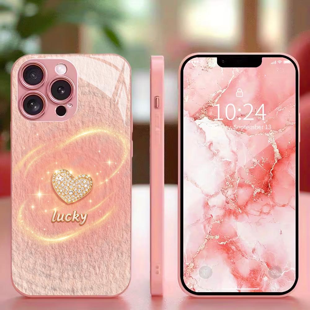 diamond heart-shaped pendant phone case for funda iphone for iphone 17 glass for iPhone 17 16 15 14 13 pm Pro Plus Dropresistant