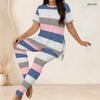 Women Plus Size Two Piece Set Round Neck Short Sleeve Printed Long Top Fitted Long Pants