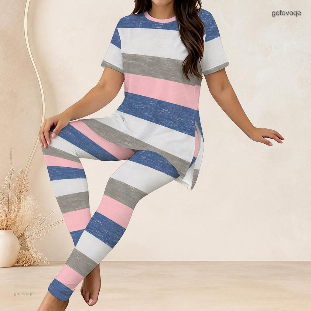 Women Plus Size Two Piece Set Round Neck Short Sleeve Printed Long Top Fitted Long Pants
