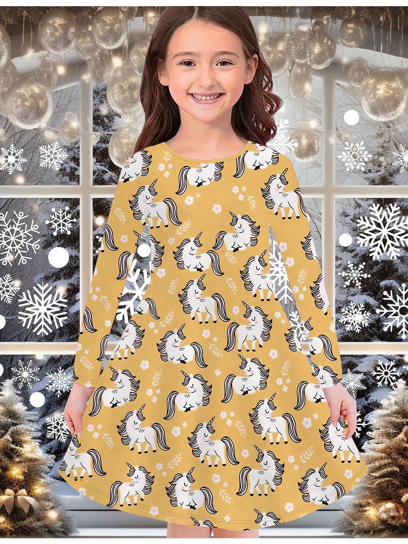 

Модное осенне-зимнее платье для девочек, с 3D принтом единорога, с круглым вырезом, длинное, детское платье-футболка, повседневное, универсальное, рождественская одежда 170 жёлтый