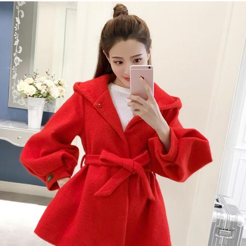 

Пальто-накидка из красной шерсти в корейском стиле с капюшоном и завязкой, рукава-фонарики, модный короткий дизайн для миниатюрных женщин 2XL красный