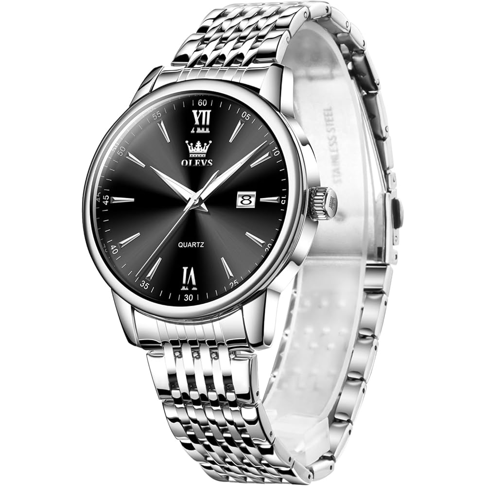 OLEVS Men s Stylish Black Quartz Analog Watch with Waterproof Silver Stainless Steel Band and Date Display