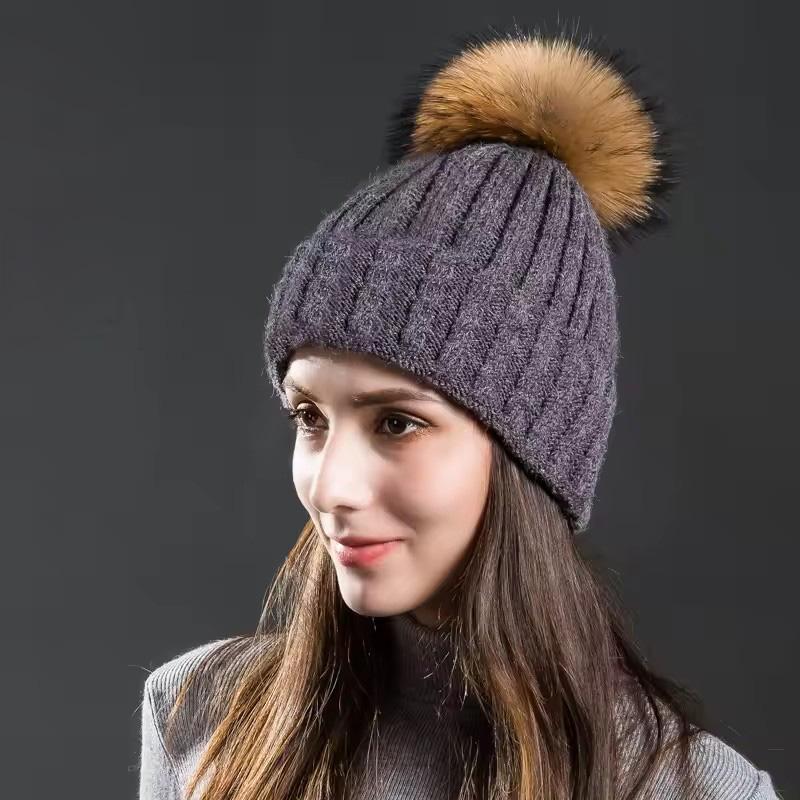 Classic Multiple Styles Women Beanie Winter Warm Fashion Raccoon Fur Pompom Hats Knitted Wool Cap Clearance Cheap High Quality