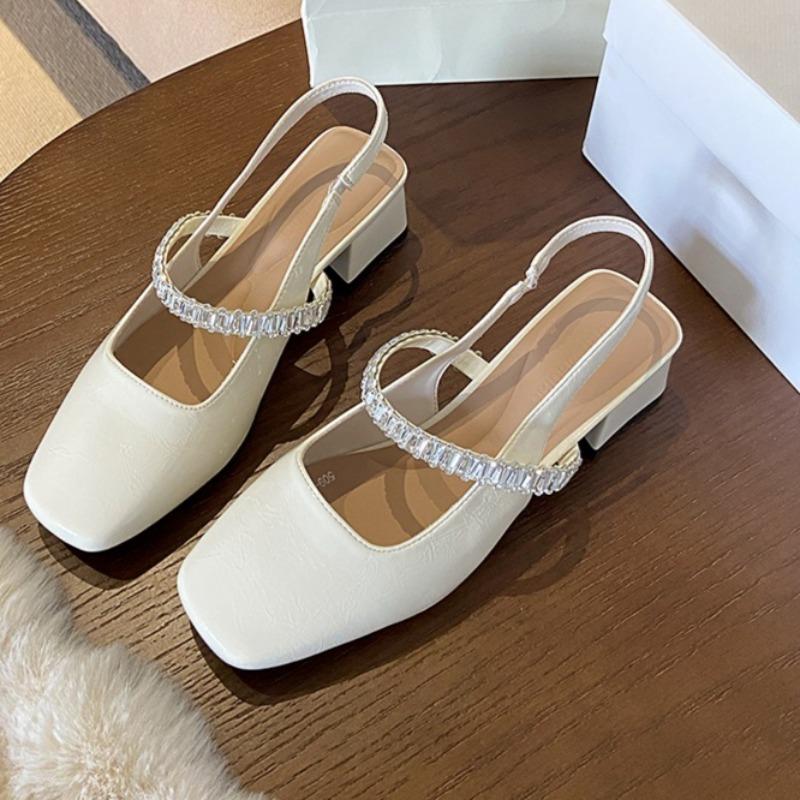 Kitten Heel Back Empty Rhinestone Mary Jane Single Shoes Women's New Spring and Summer Temperament Baotou Square Heel Sandals