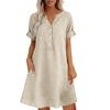 Soft Blended Fabric Dress Summer Short Sleeve for Women, Casual Button Up V Holiday Neck A-line Dress, Flowy Beach Vacation Sundress with Pockets
