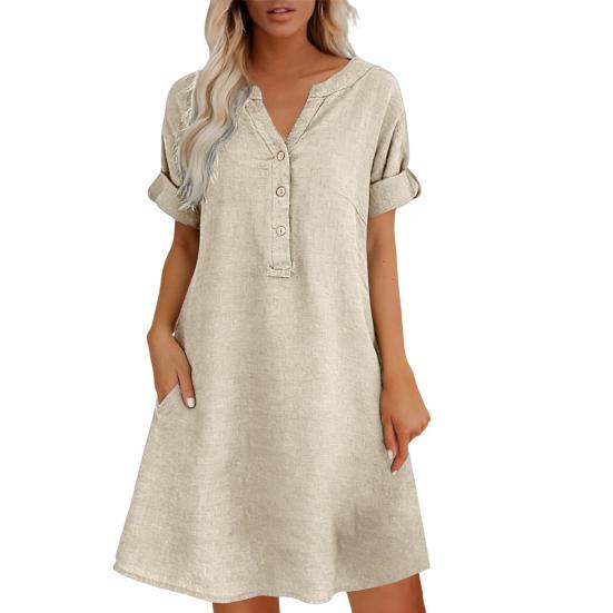 Soft Blended Fabric Dress Summer Short Sleeve for Women, Casual Button Up V Holiday Neck A-line Dress, Flowy Beach Vacation Sundress with Pockets