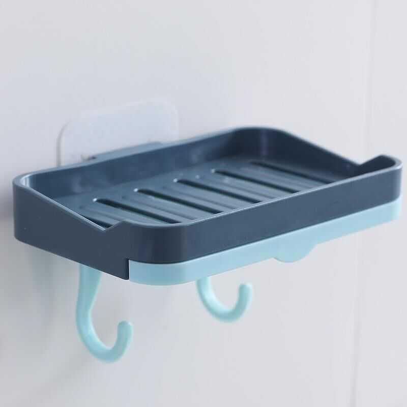 Punch-Free Wall-Mounted Soap Dish Rack with Hooks and Draining Shelf