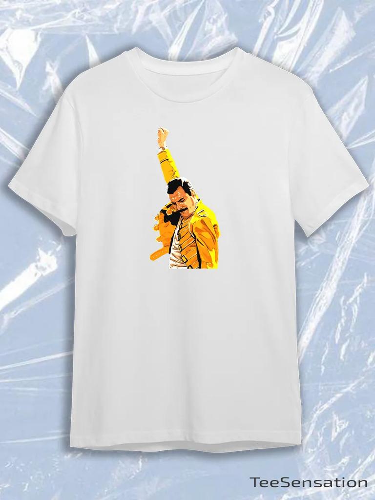 TeeSensation White Crew Neck Short Sleeve T-Shirt with Freddie Mercury Yellow Jacket Illustration Print