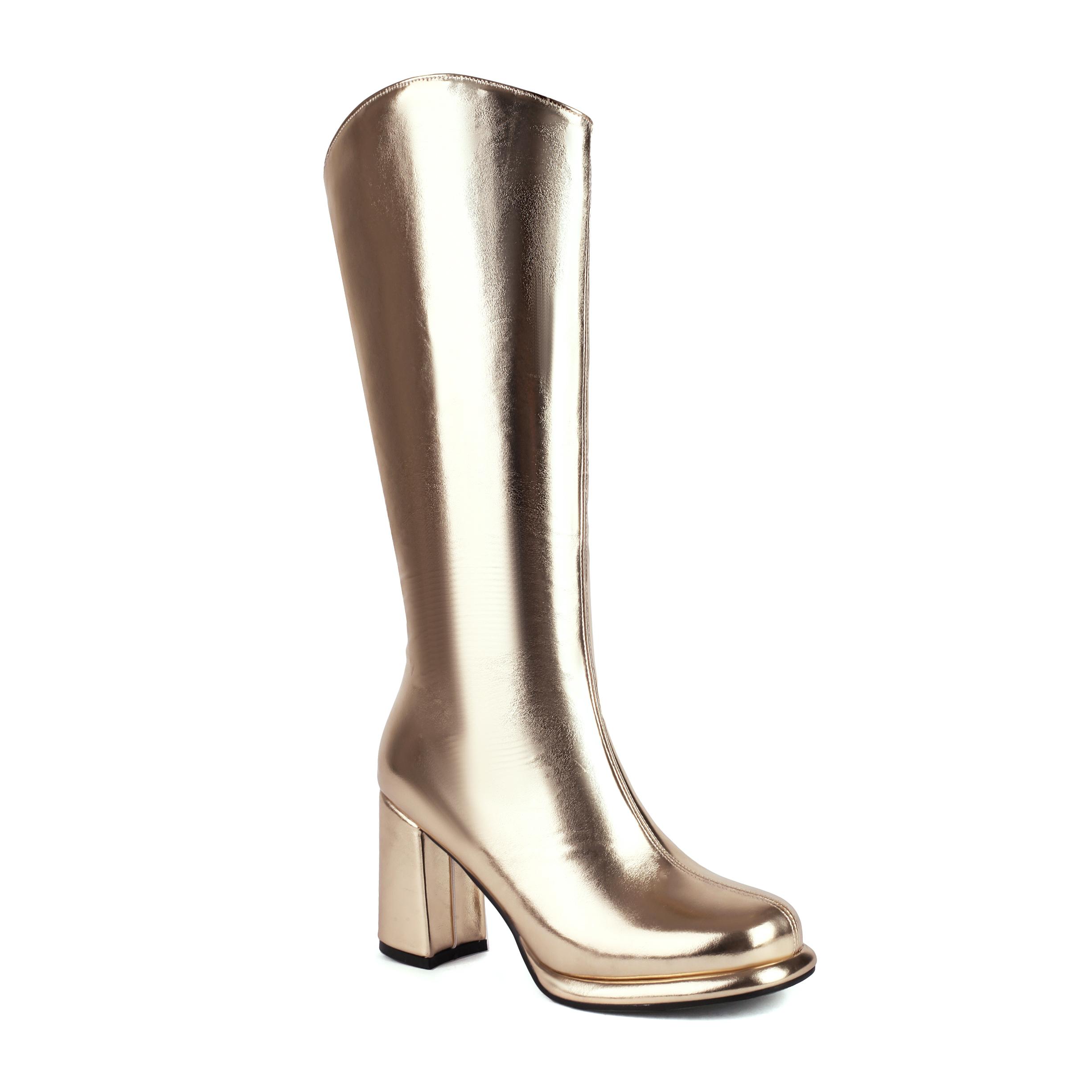 

Gold Silver Boots Mid Calf Women Mirror Rave Party Shoes Block Med Heels Western Boots Zipper Autumn Winter Platform Footwear 4.5 золотой