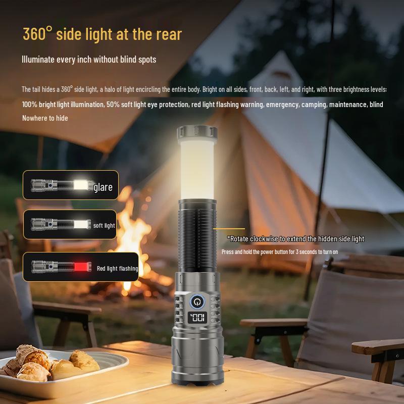 Dual Light Rechargeable Laser Flashlight with Retractable Outdoor Lighting & Digital Display