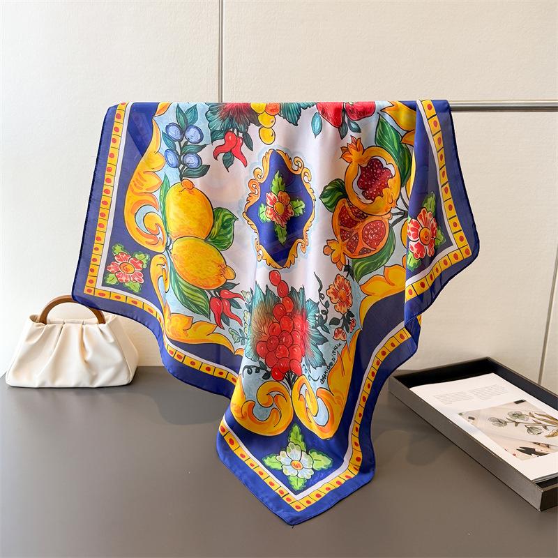 Spring Summer 70cm Square Orange Lemon Printed Women Scarf Silk Satin Scarves Shawl Headband Hijab Bandana Wrap Bufanda Lady