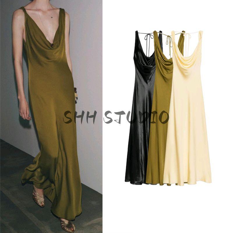 Summer Women's Clothing A- Line Asymmetric Hem Draped V Neck Silk Satin Texture Sling Dress 2590934