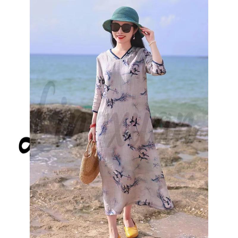2026 Summer Artistic Retro Print Imitation Linen Mid-Length Dress Double Extra Large