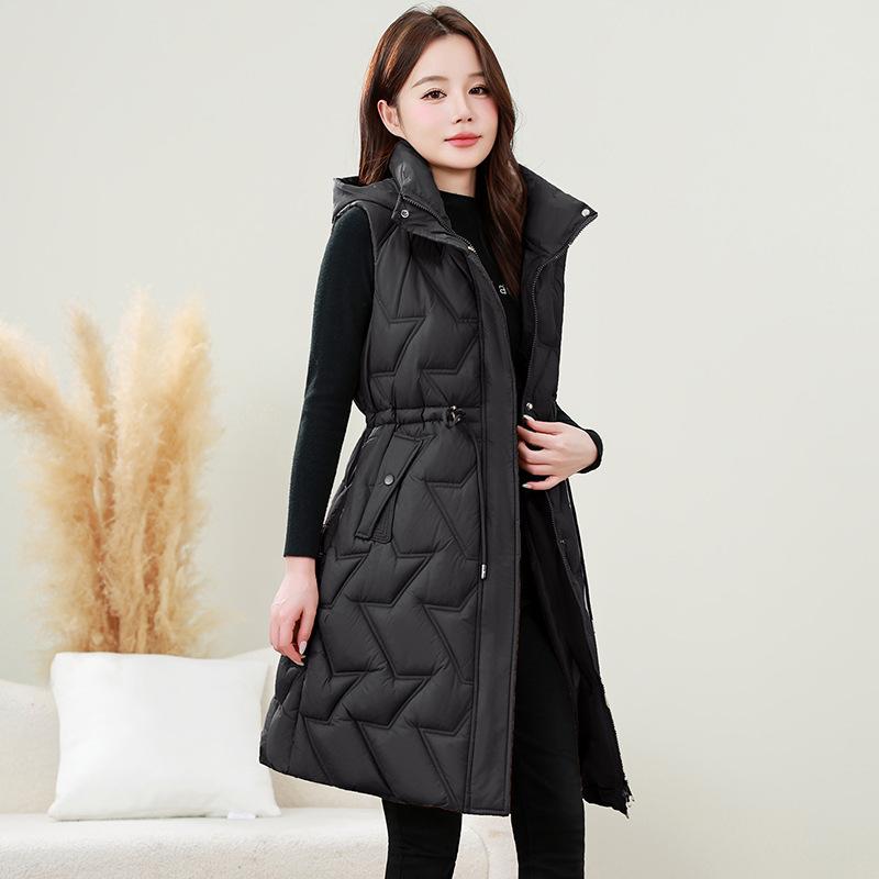 Warm down cotton vest women's hooded medium and long cotton jacket vest waist vest cotton vest jacket